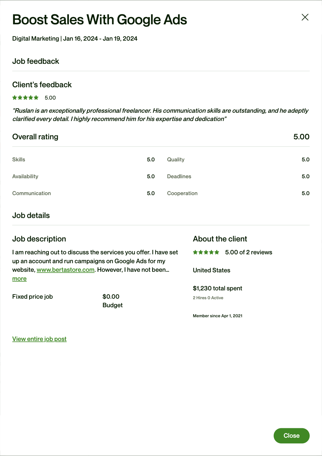 Contract with Azar Gasimov from UpWork